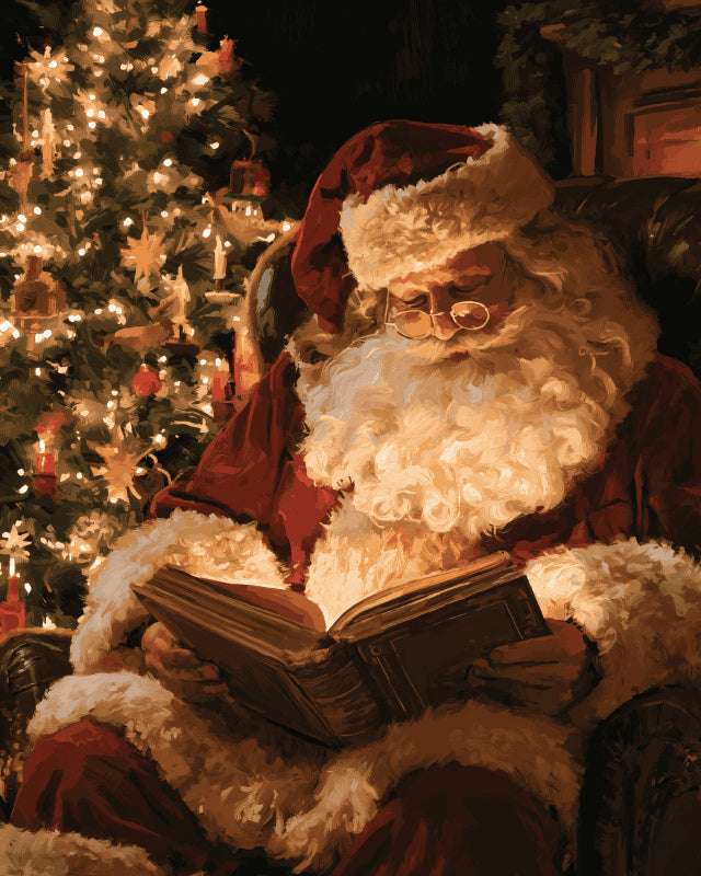 Peinture par numéro adulte Le Père Noël Raconte, visuel complet du design sur toile, Maison Artsen
