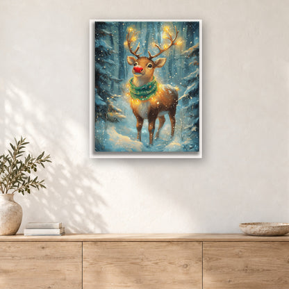 Tableau peinture par numéro Petit Renne Lumineux accroché dans un intérieur décoré, Maison Artsen