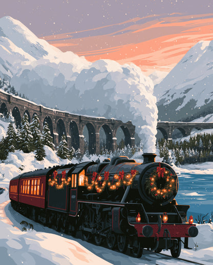 Peinture par numéro adulte Train à Vapeur de Noël, visuel complet du design sur toile, Maison Artsen