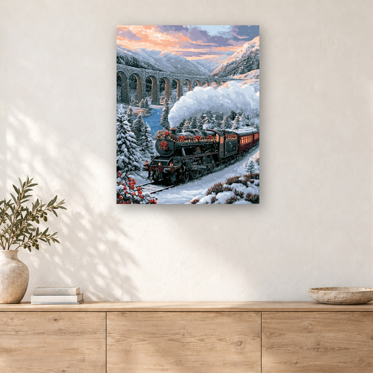 Tableau peinture par numéro Locomotive dans la Vallée Enneigée accroché dans un intérieur décoré, Maison Artsen