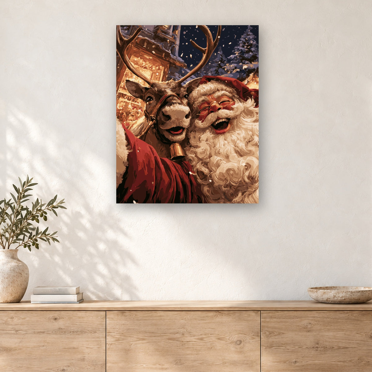 Tableau peinture par numéro Fou Rire du Père Noël accroché dans un intérieur décoré, Maison Artsen