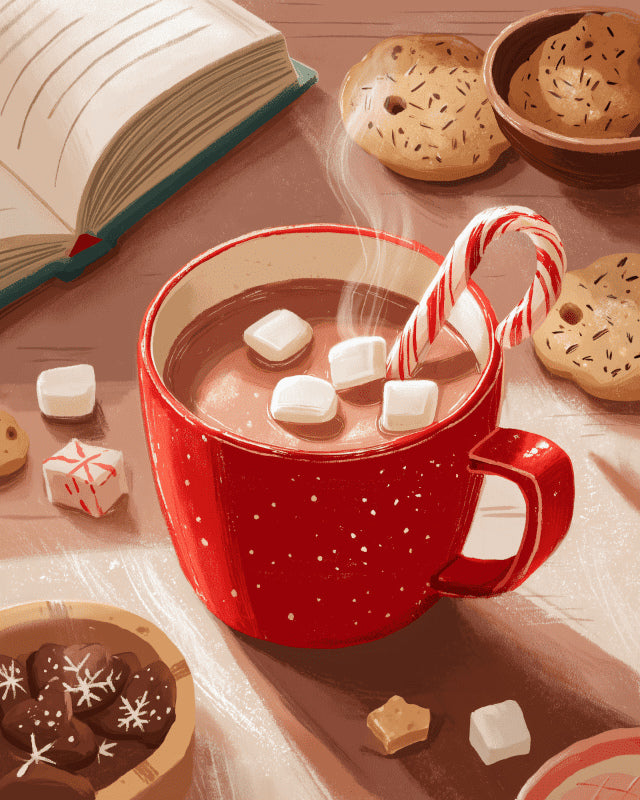 Peinture par numéro adulte Chocolat Chaud et Bon Livre, visuel complet du design sur toile, Maison Artsen