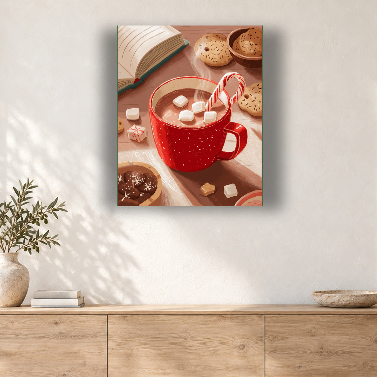 Tableau peinture par numéro Chocolat Chaud et Bon Livre accroché dans un intérieur décoré, Maison Artsen