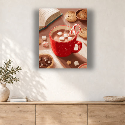 Tableau peinture par numéro Chocolat Chaud et Bon Livre accroché dans un intérieur décoré, Maison Artsen