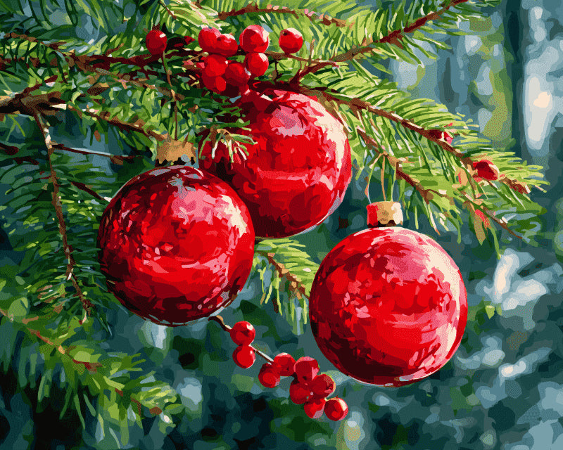 Peinture par numéro adulte Boules Rouges sur le Sapin, visuel complet du design sur toile, Maison Artsen