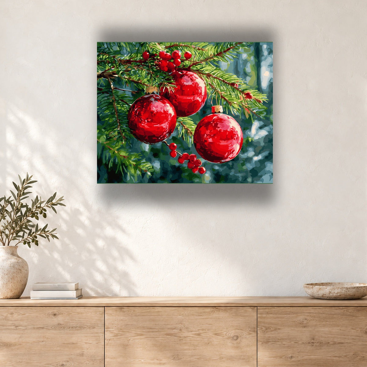 Tableau peinture par numéro Boules Rouges sur le Sapin accroché dans un intérieur décoré, Maison Artsen