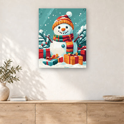 Tableau peinture par numéro Bonhomme et ses Cadeaux accroché dans un intérieur décoré, Maison Artsen