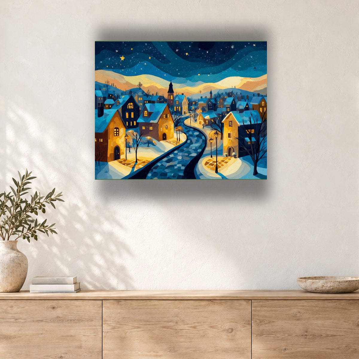 Tableau peinture par numéro Village Doré sous les Étoiles accroché dans un intérieur décoré, Maison Artsen