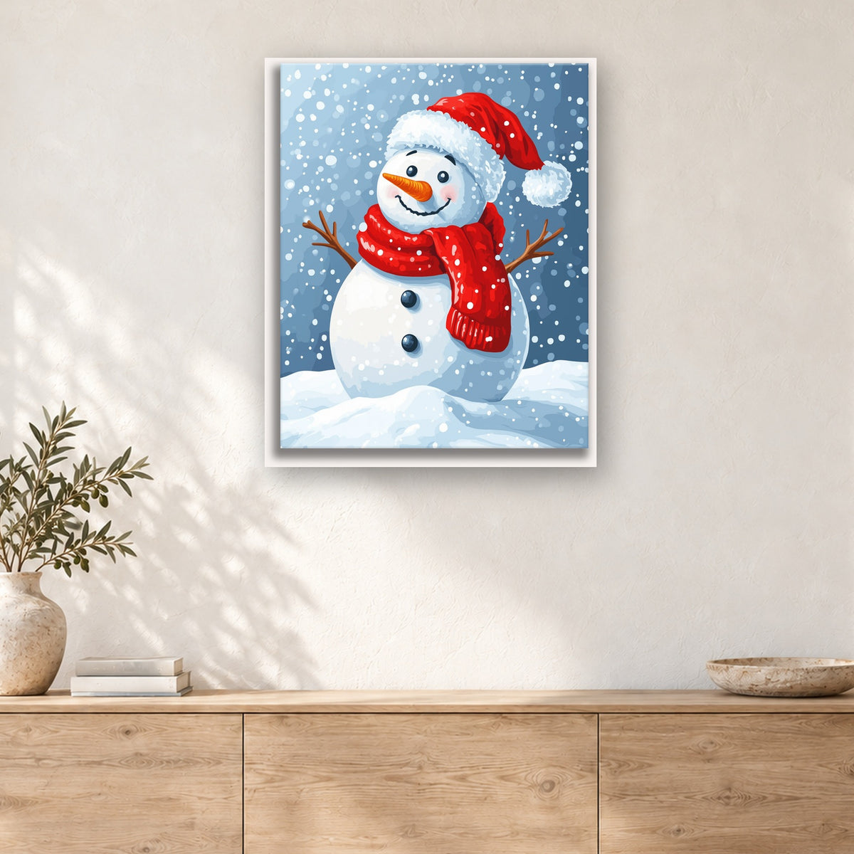Tableau peinture par numéro Bonhomme au Bonnet de Noël accroché dans un intérieur décoré, Maison Artsen