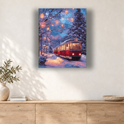 Tableau peinture par numéro Tramway Rouge sous la Neige accroché dans un intérieur décoré, Maison Artsen