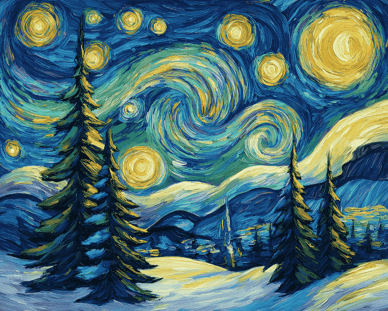 Peinture par numéro adulte Nuit Tourbillonnante sur les Sapins, visuel complet du design sur toile, Maison Artsen