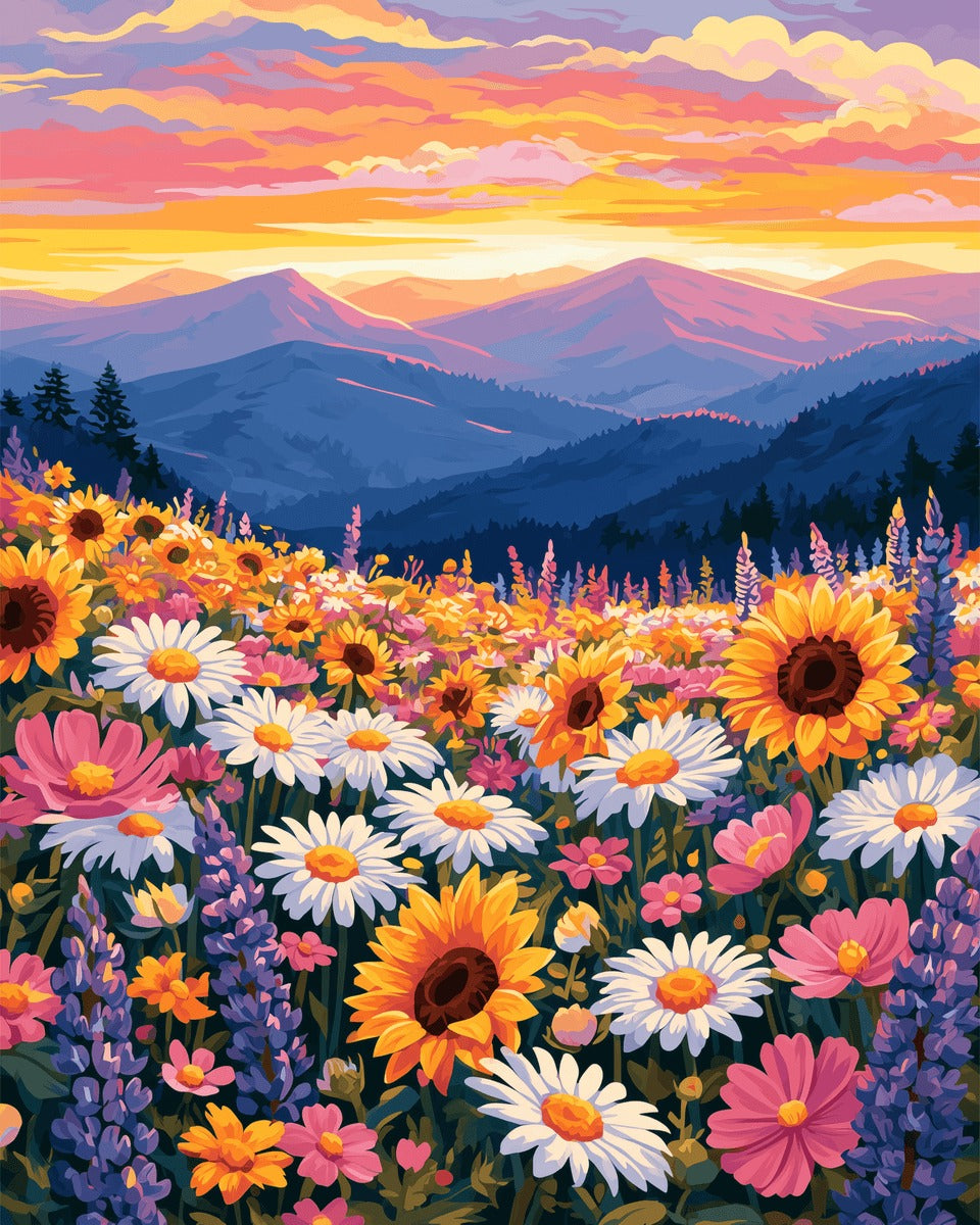 Peinture par numéro adulte Prairie Fleurie au Crépuscule, visuel complet du design sur toile, Maison Artsen