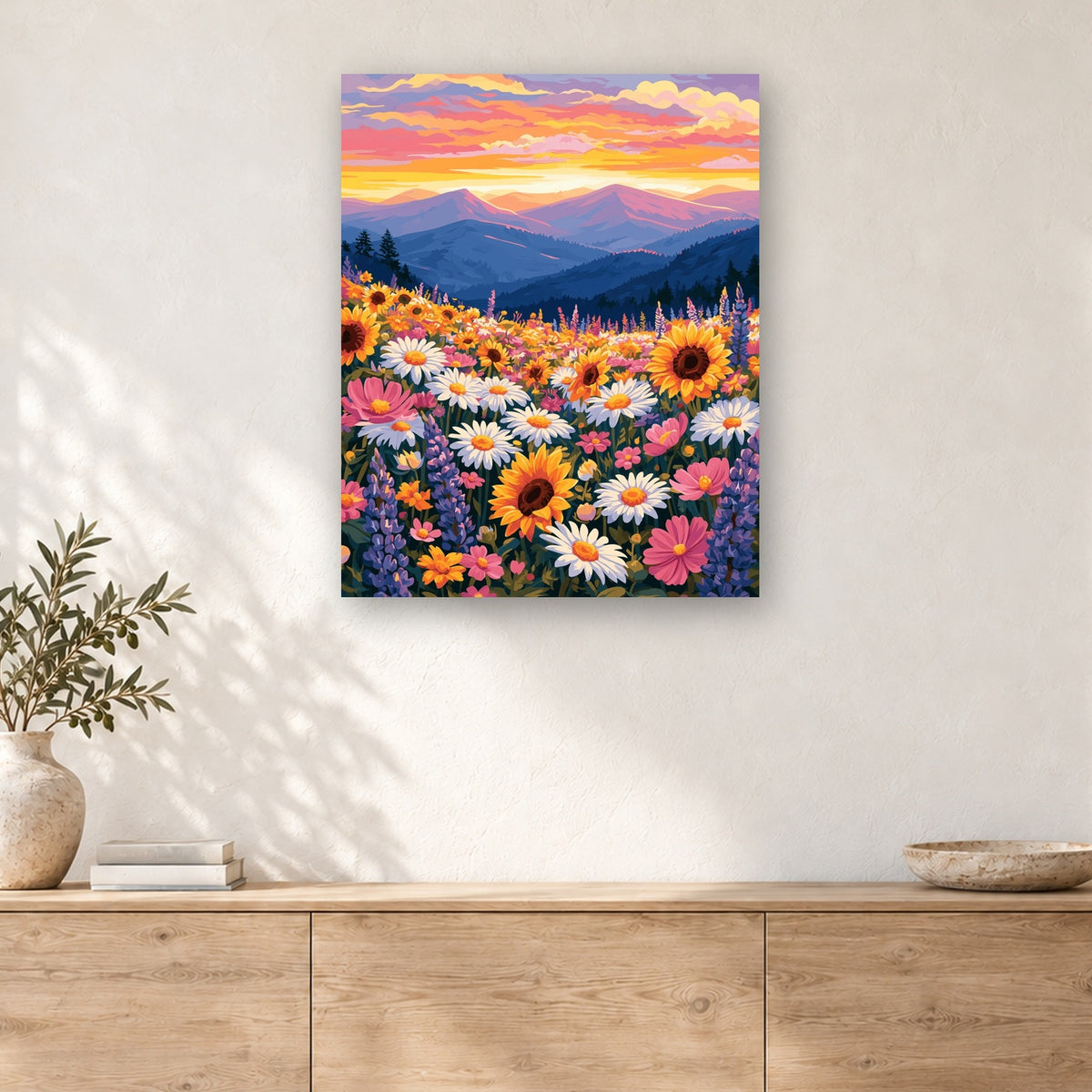 Tableau peinture par numéro Prairie Fleurie au Crépuscule accroché dans un intérieur décoré, Maison Artsen