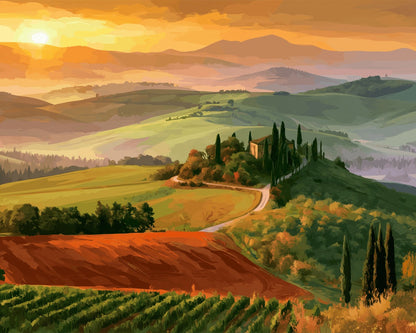 Peinture par numéro adulte Collines de Toscane, visuel complet du design sur toile, Maison Artsen