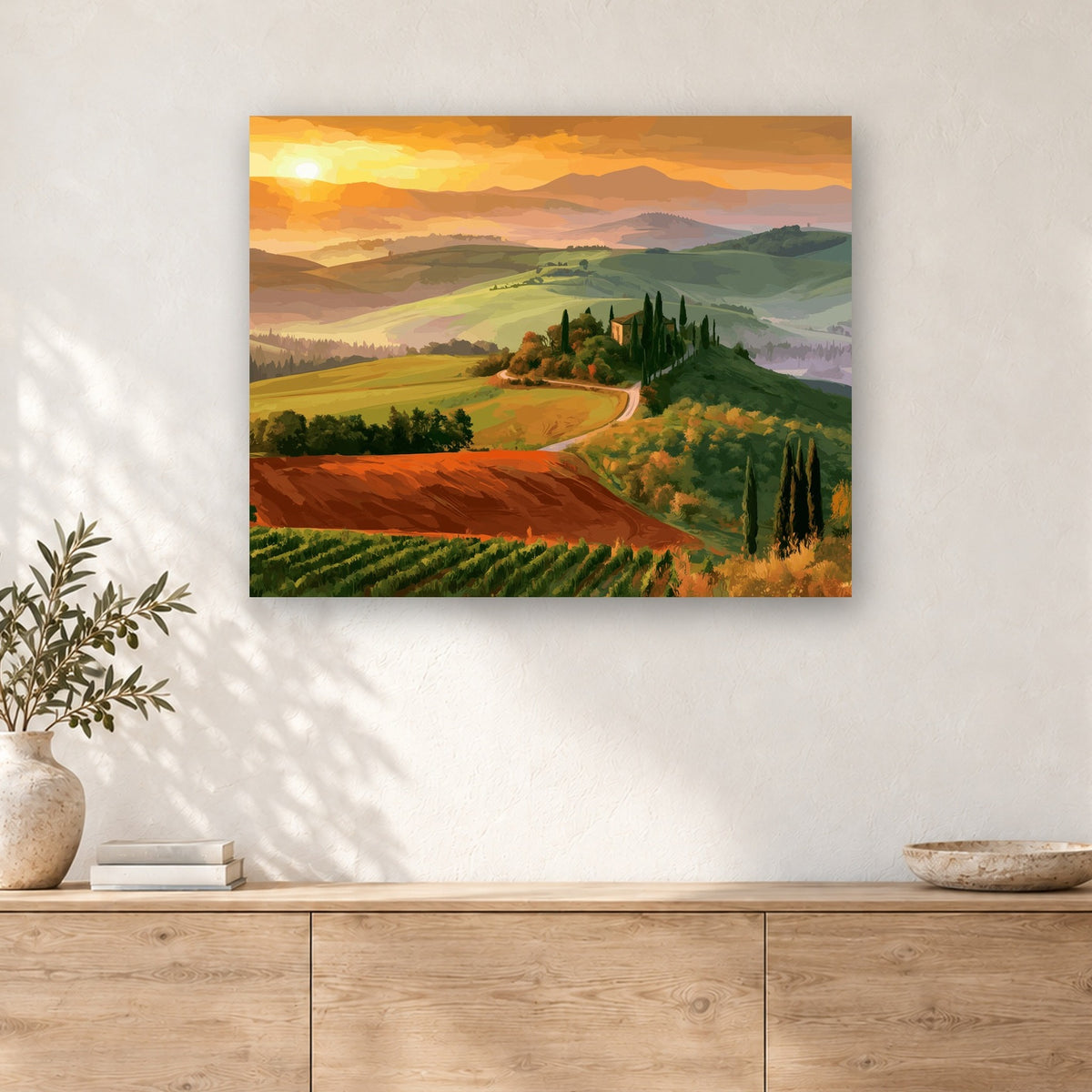 Tableau peinture par numéro Collines de Toscane accroché dans un intérieur décoré, Maison Artsen