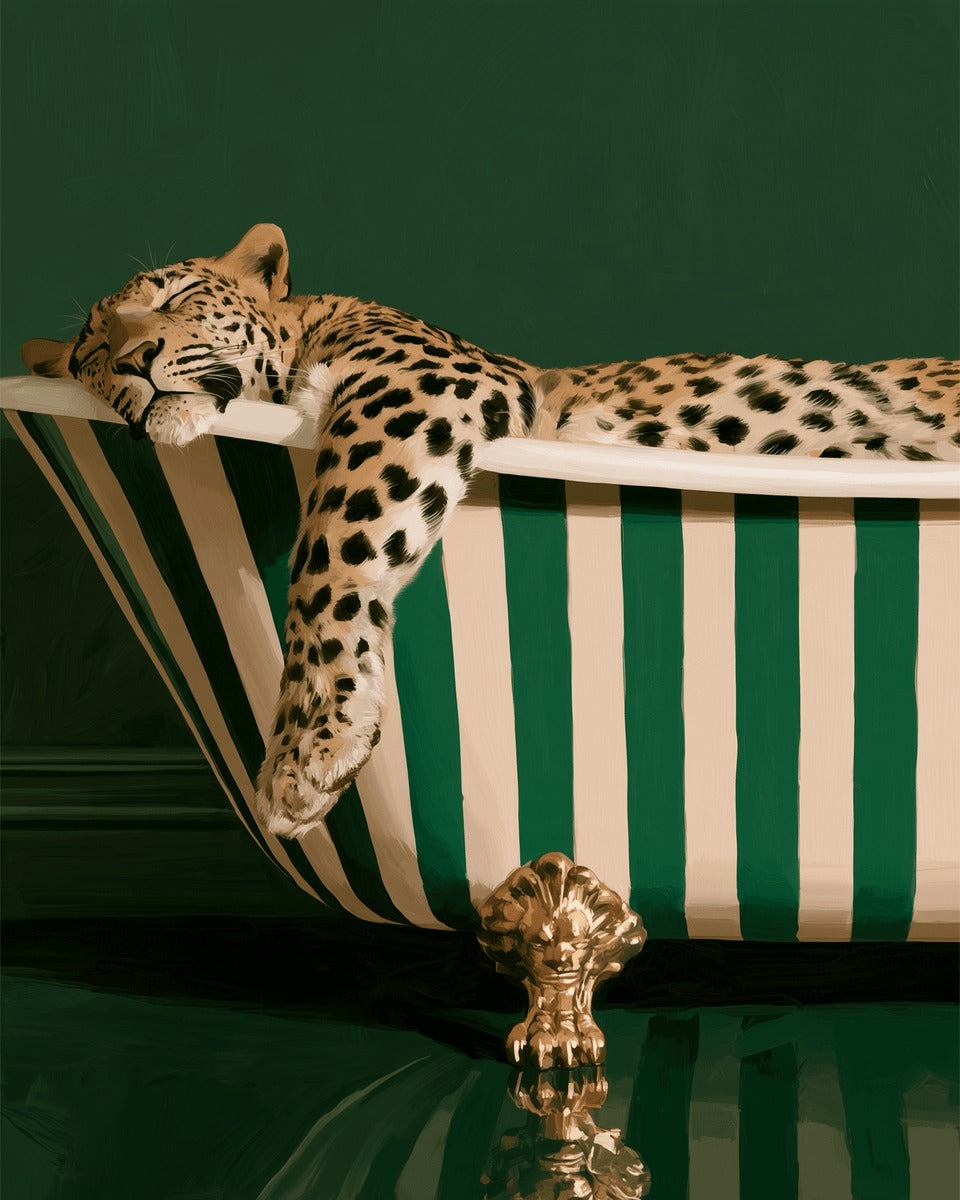 Peinture par numéro adulte Bain du Léopard, visuel complet du design sur toile, Maison Artsen