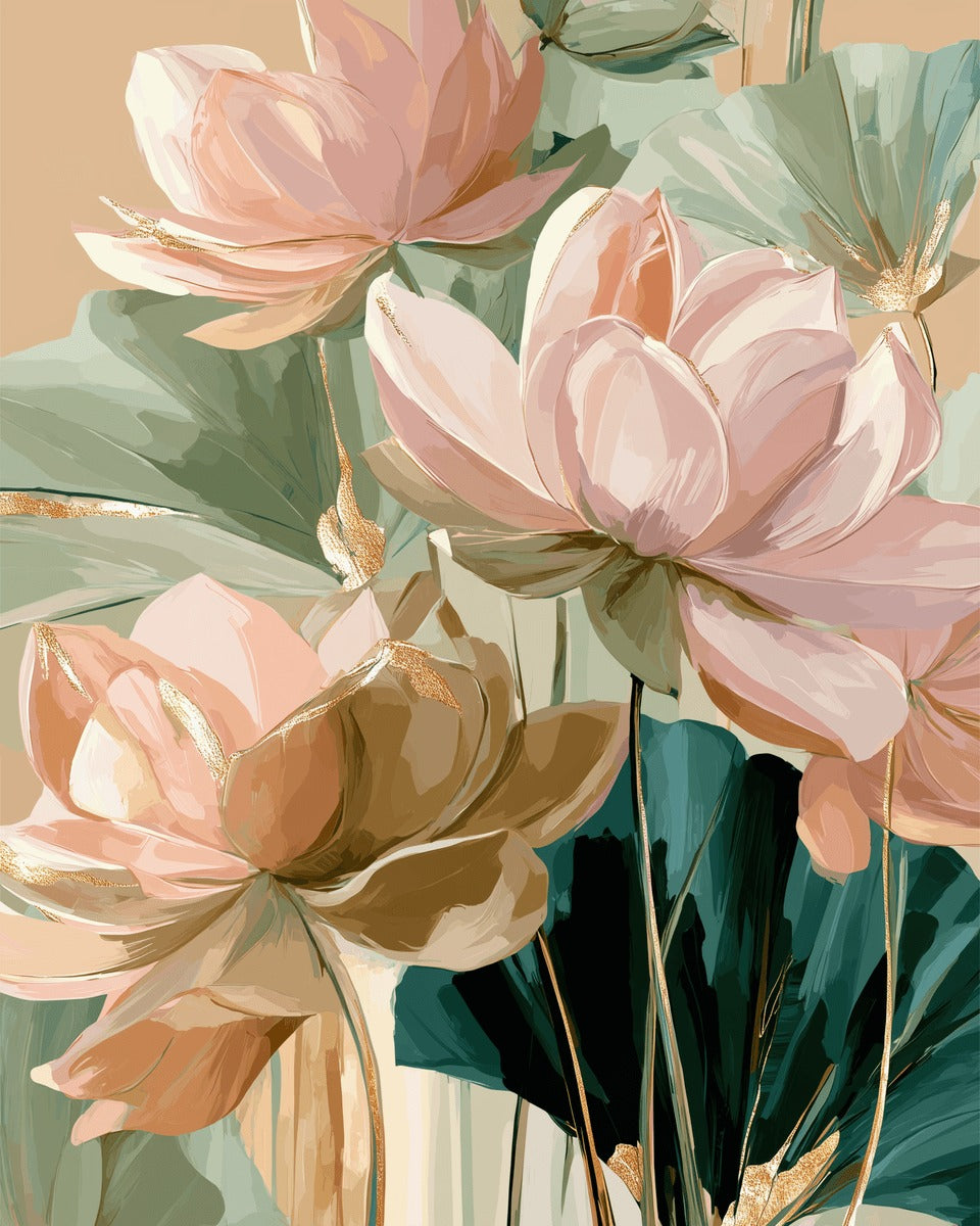 Peinture par numéro adulte Lotus Stylisés, visuel complet du design sur toile, Maison Artsen