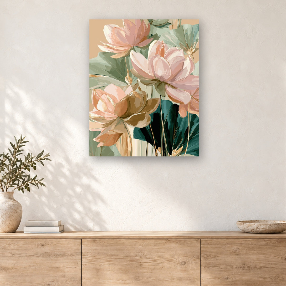 Tableau peinture par numéro Lotus Stylisés accroché dans un intérieur décoré, Maison Artsen