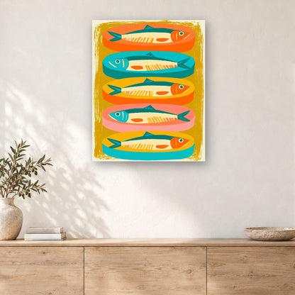 Tableau peinture par numéro Sardines Colorées accroché dans un intérieur décoré, Maison Artsen