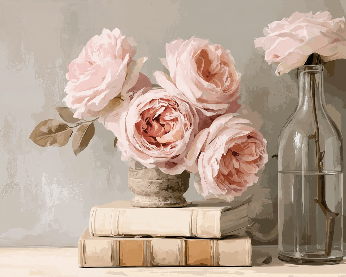 Peinture par numéro adulte Roses sur les Vieux Livres, visuel complet du design sur toile, Maison Artsen