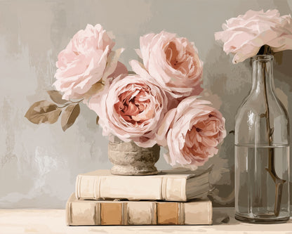 Peinture par numéro adulte Roses sur les Vieux Livres, visuel complet du design sur toile, Maison Artsen