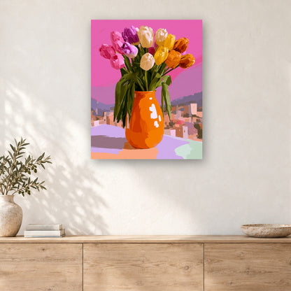 Tableau peinture par numéro Tulipes au Vase Orange accroché dans un intérieur décoré, Maison Artsen
