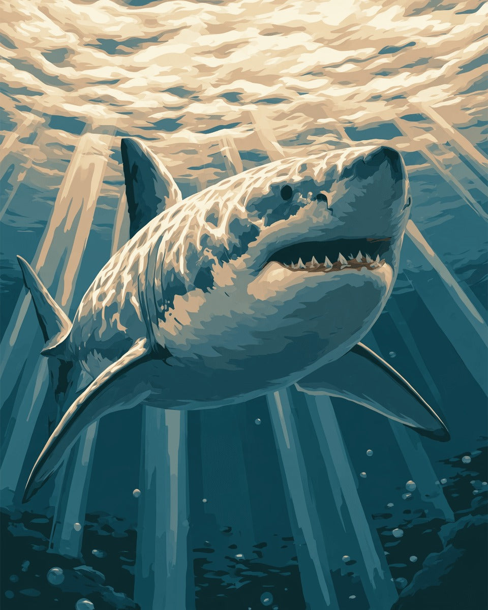 Peinture par numéro adulte Grand Requin Blanc, visuel complet du design sur toile, Maison Artsen