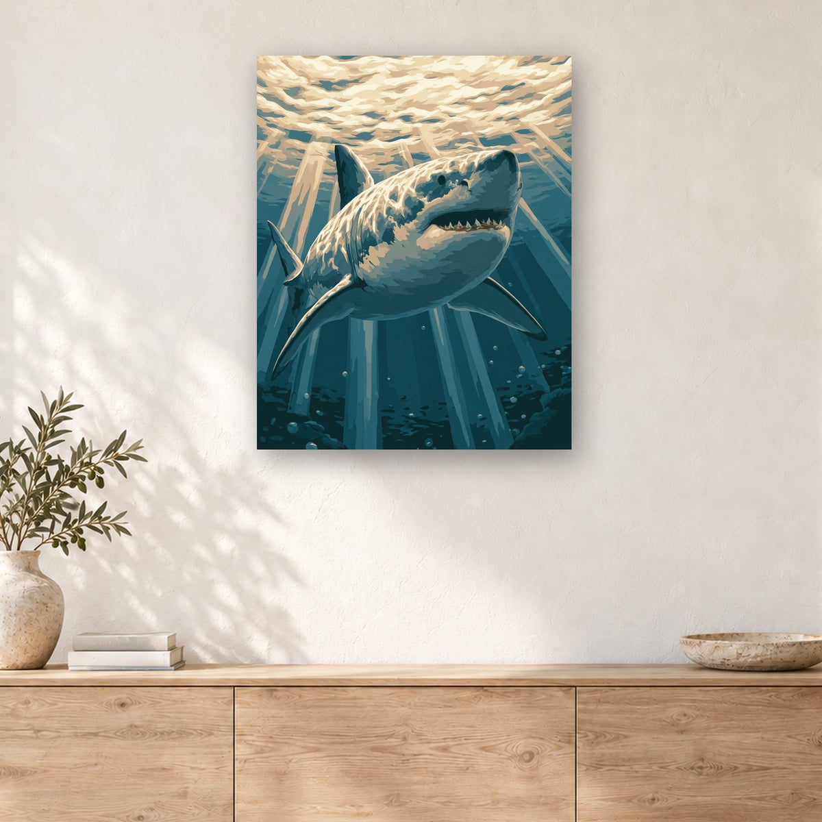 Tableau peinture par numéro Grand Requin Blanc accroché dans un intérieur décoré, Maison Artsen