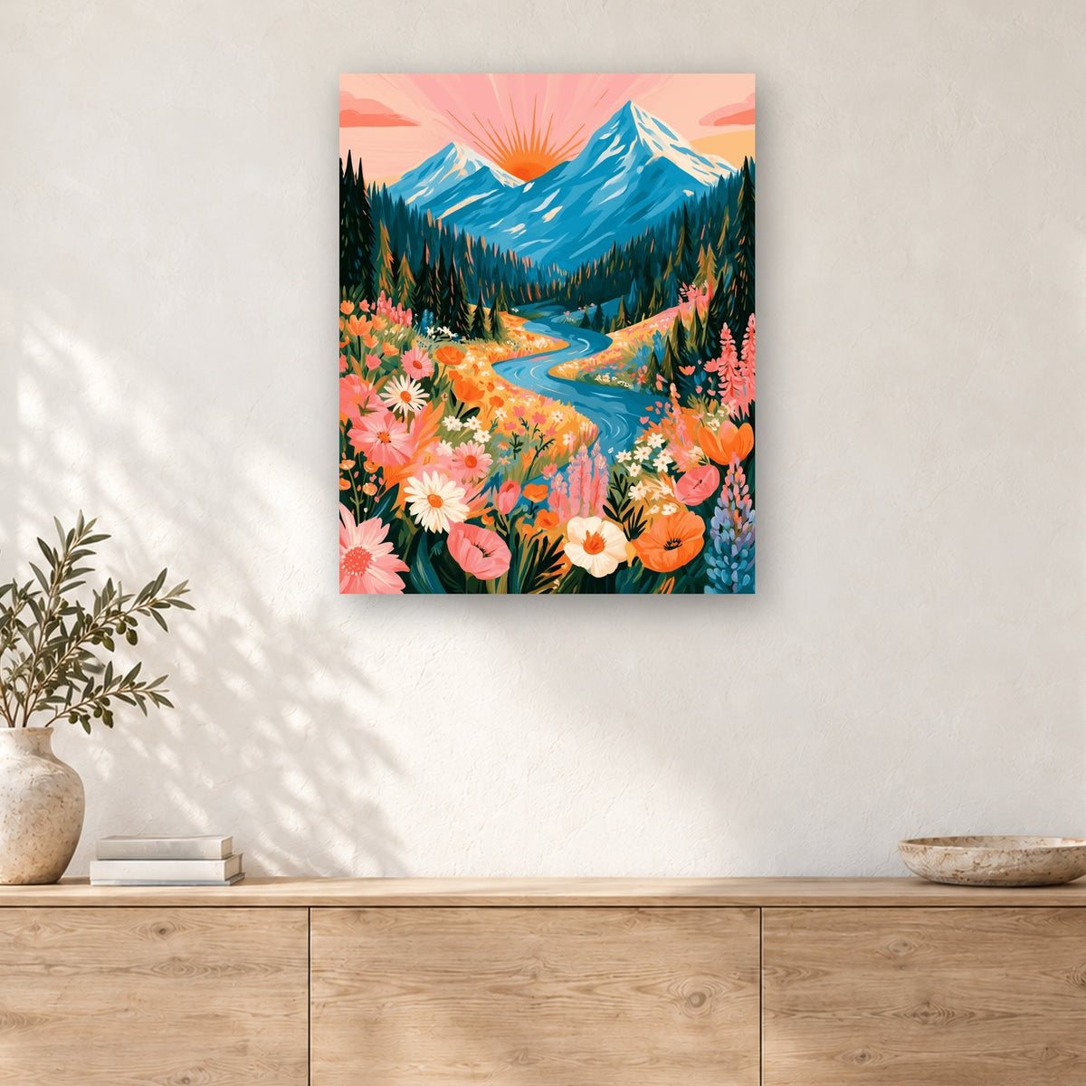 Tableau peinture par numéro Vallée Fleurie accroché dans un intérieur décoré, Maison Artsen