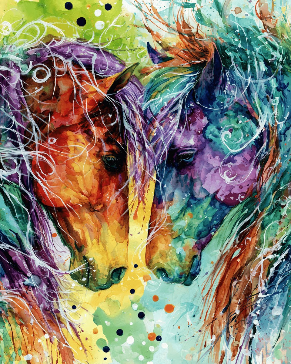 Peinture par numéro adulte Chevaux Arc-en-ciel, visuel complet du design sur toile, Maison Artsen