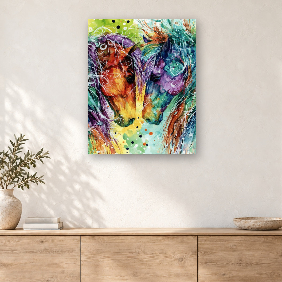 Tableau peinture par numéro Chevaux Arc-en-ciel accroché dans un intérieur décoré, Maison Artsen