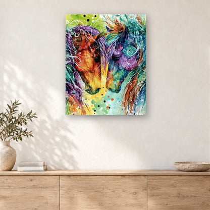 Tableau peinture par numéro Chevaux Arc-en-ciel accroché dans un intérieur décoré, Maison Artsen