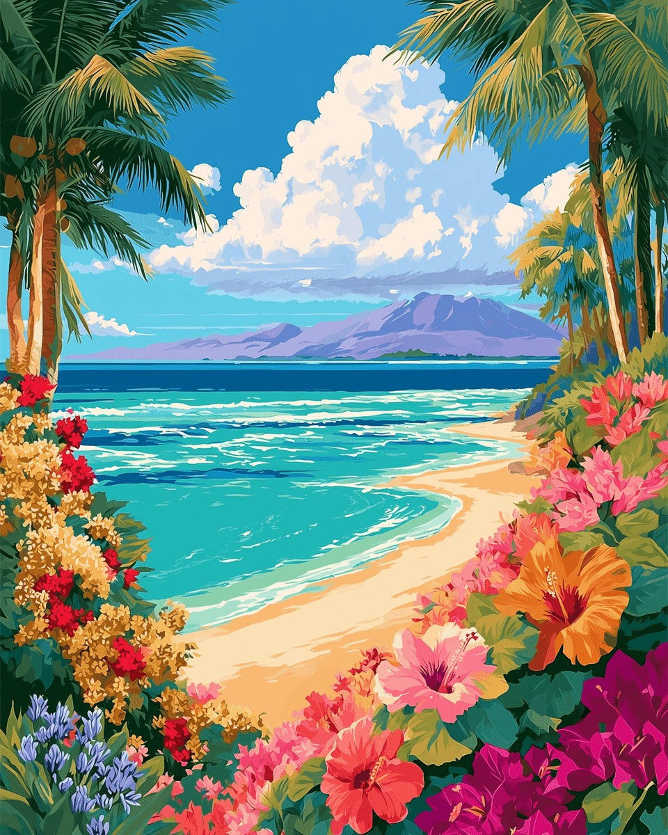 Peinture par numéro adulte Île Cachée, visuel complet du design sur toile, Maison Artsen
