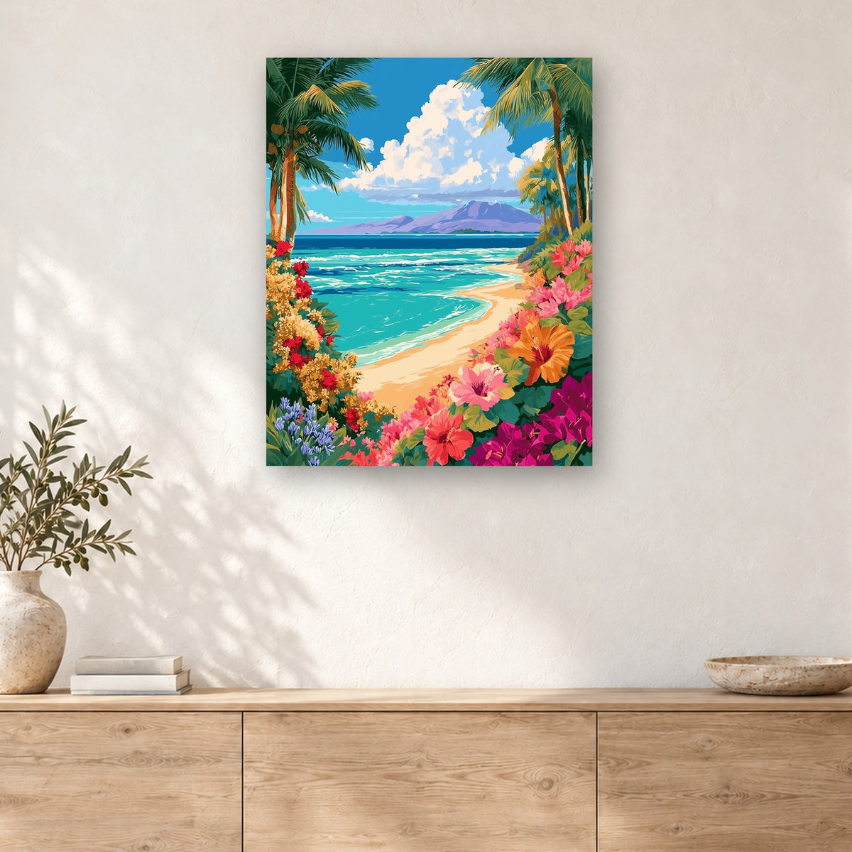 Tableau peinture par numéro Île Cachée accroché dans un intérieur décoré, Maison Artsen