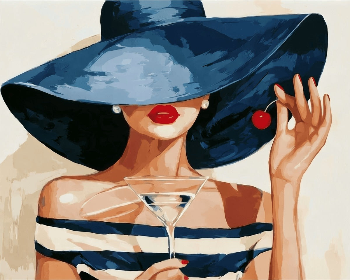 Peinture par numéro adulte Chapeau et Martini, visuel complet du design sur toile, Maison Artsen