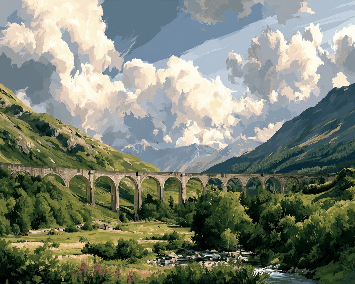 Peinture par numéro adulte Vallée de Glenfinnan, visuel complet du design sur toile, Maison Artsen