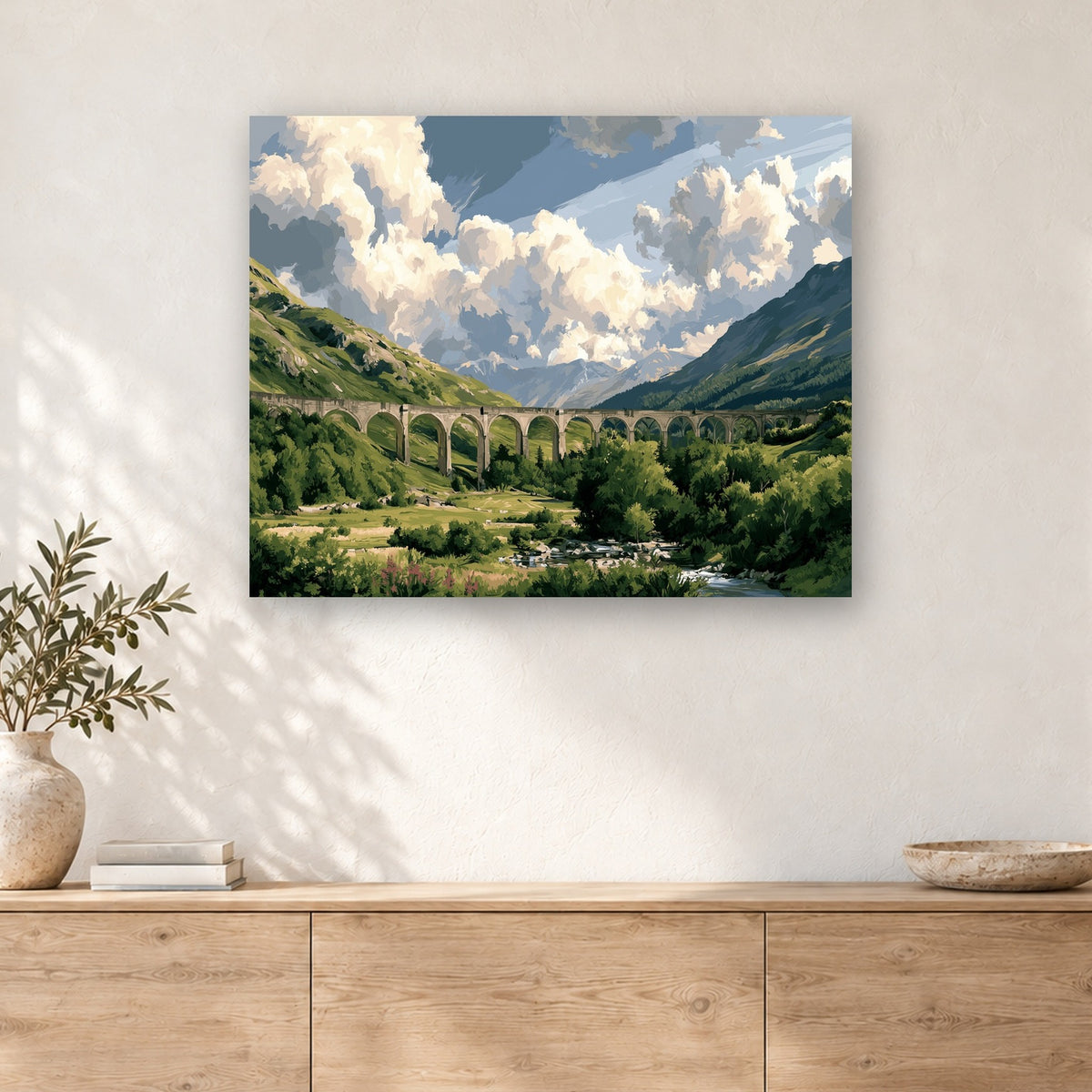Tableau peinture par numéro Vallée de Glenfinnan accroché dans un intérieur décoré, Maison Artsen