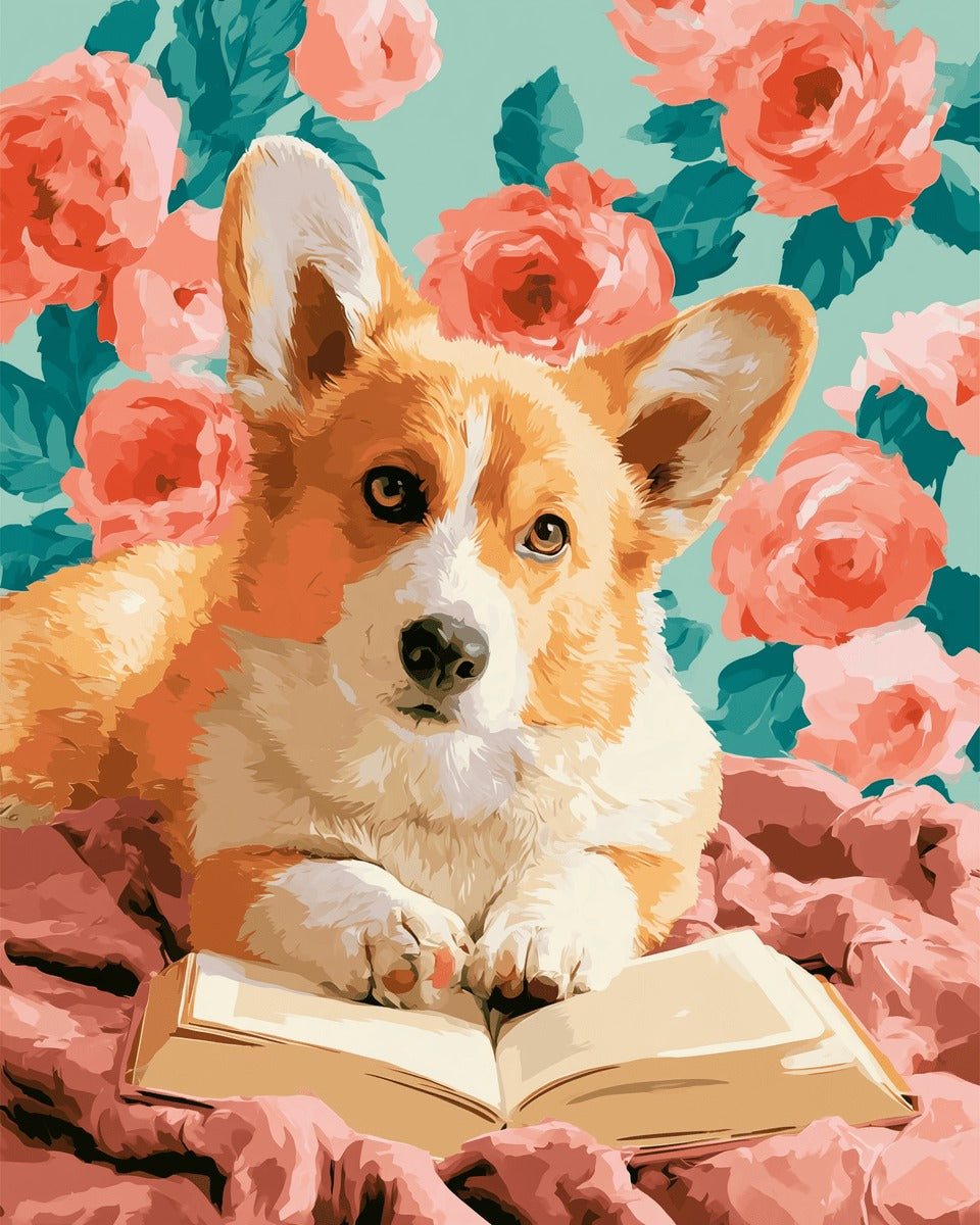 Peinture par numéro adulte Lecture du Corgi, visuel complet du design sur toile, Maison Artsen