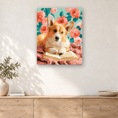 Tableau peinture par numéro Lecture du Corgi accroché dans un intérieur décoré, Maison Artsen