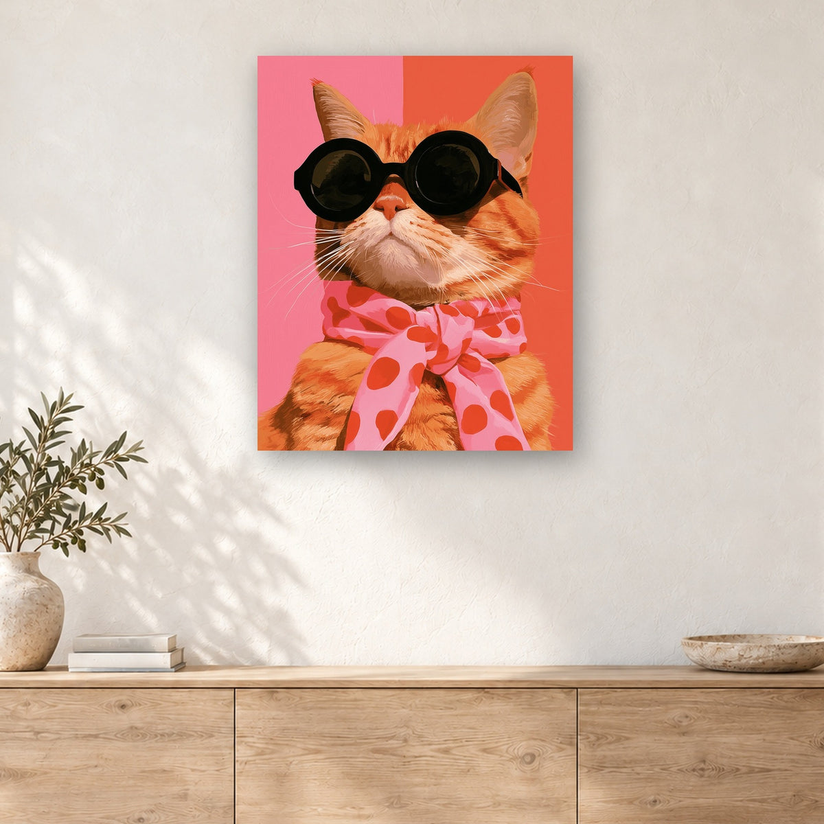 Tableau peinture par numéro Chat aux Lunettes Noires accroché dans un intérieur décoré, Maison Artsen
