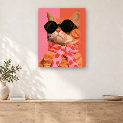 Tableau peinture par numéro Chat aux Lunettes Noires accroché dans un intérieur décoré, Maison Artsen