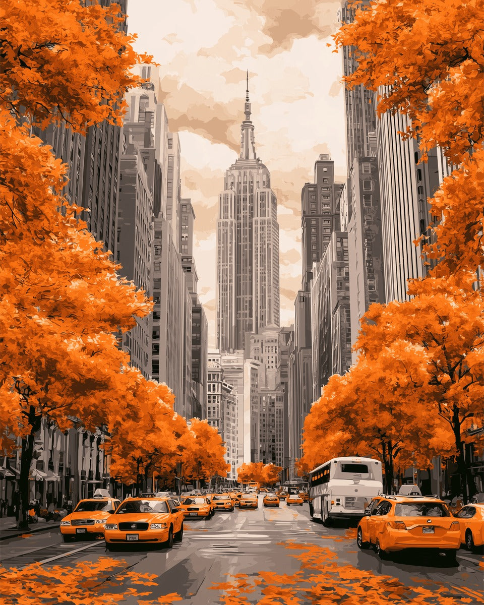 Peinture par numéro adulte Rue d'Automne à Manhattan, visuel complet du design sur toile, Maison Artsen