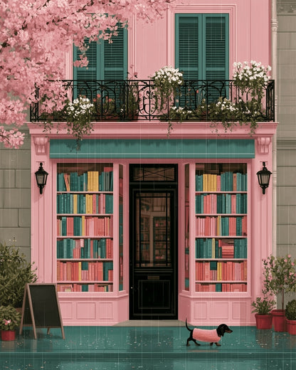 Peinture par numéro adulte Librairie sous la Pluie, visuel complet du design sur toile, Maison Artsen