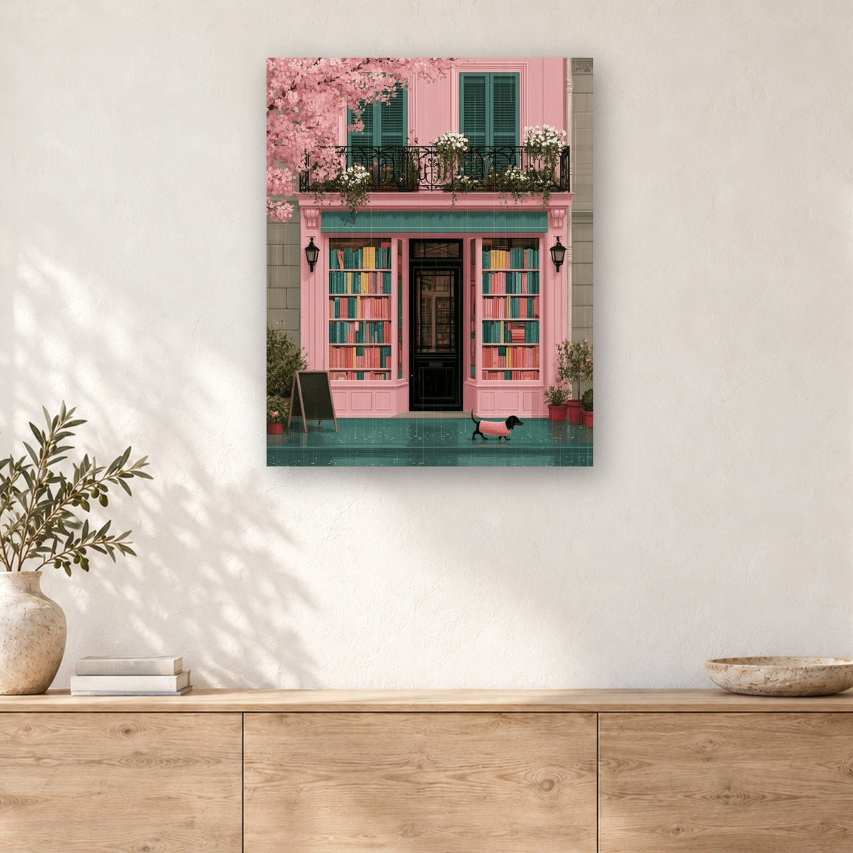 Tableau peinture par numéro Librairie sous la Pluie accroché dans un intérieur décoré, Maison Artsen