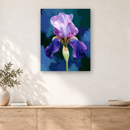 Tableau peinture par numéro Iris Violet accroché dans un intérieur décoré, Maison Artsen
