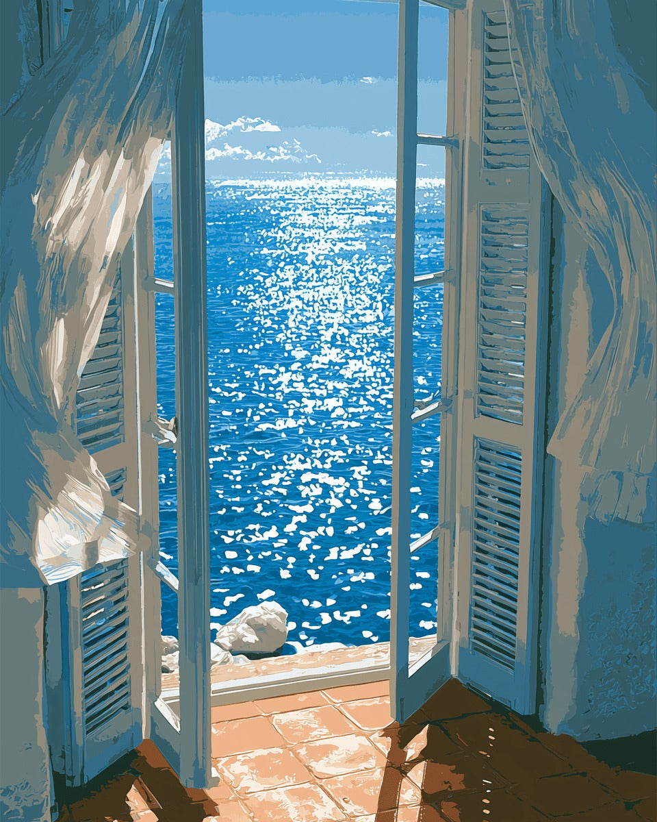 Peinture par numéro adulte Vue sur la Mer, visuel complet du design sur toile, Maison Artsen