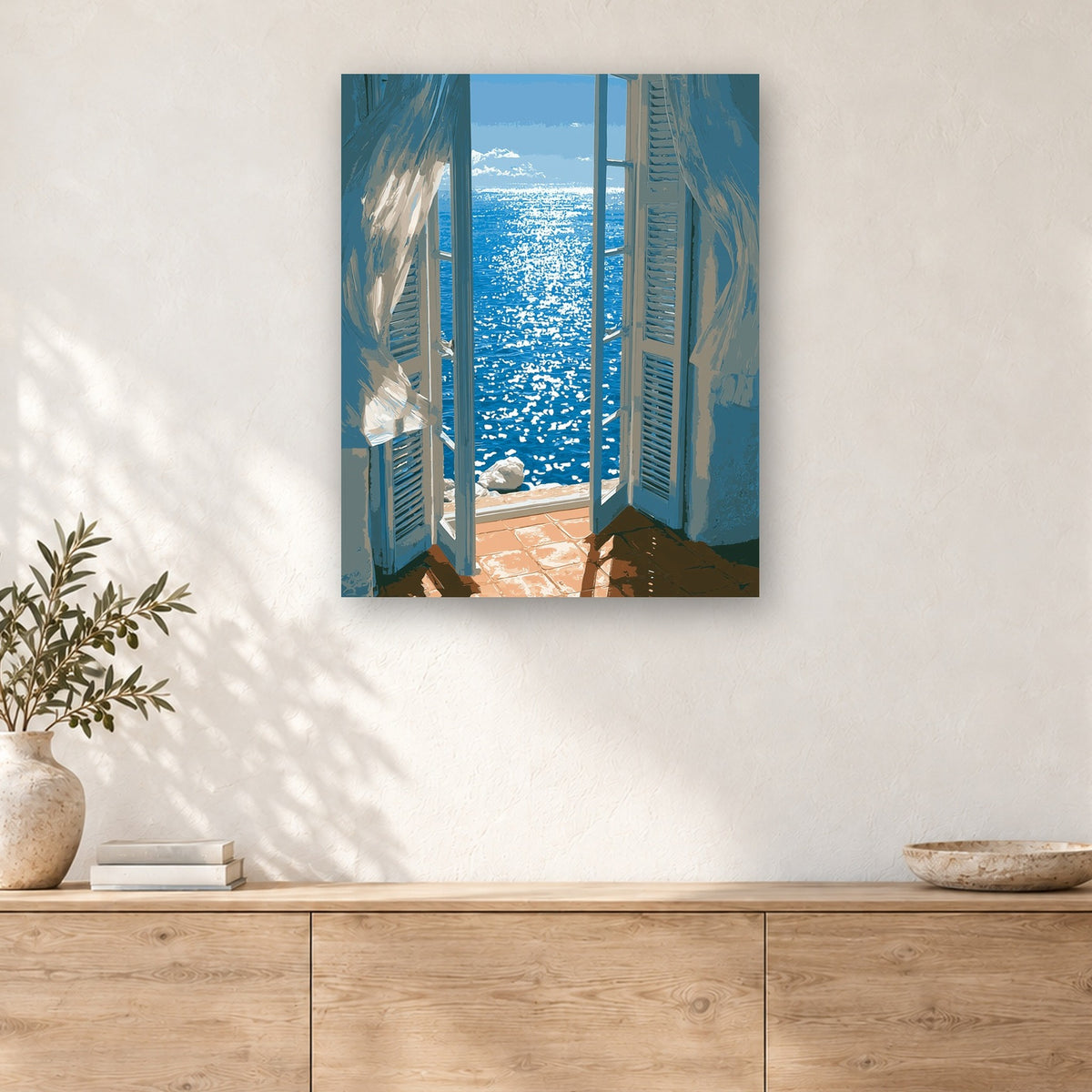 Tableau peinture par numéro Vue sur la Mer accroché dans un intérieur décoré, Maison Artsen