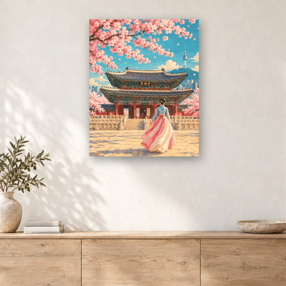 Tableau peinture par numéro Printemps à Gyeongbokgung accroché dans un intérieur décoré, Maison Artsen