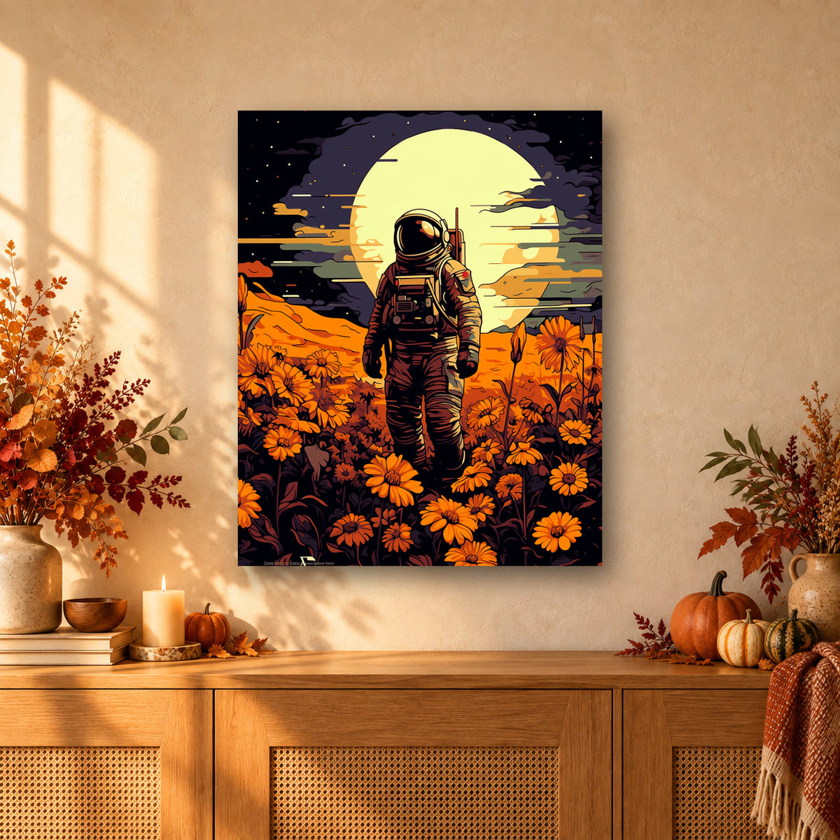 Tableau peinture par numéro Astronaute dans les Fleurs accroché dans un intérieur décoré, Maison Artsen