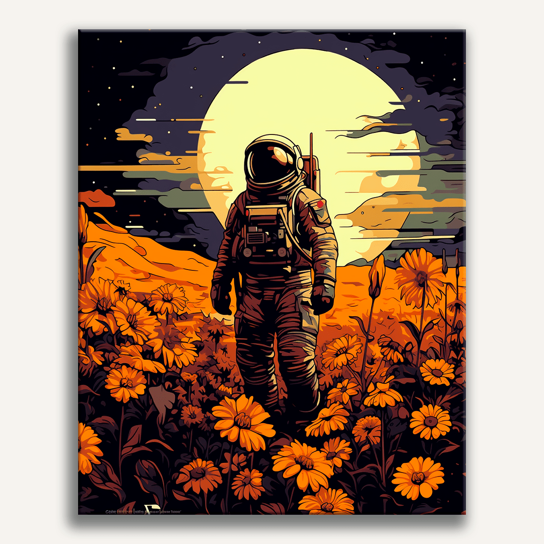 Peinture par numéro adulte Astronaute dans les Fleurs, visuel complet du design sur toile, Maison Artsen